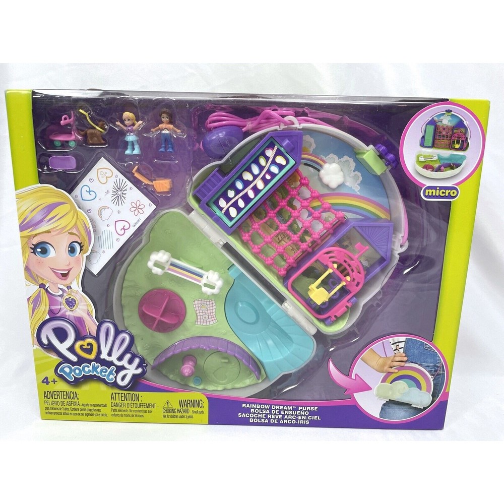 Polly Pocket Doll Rainbow Dream Purse Toy Playset 2 Figures Dog Playground Swing